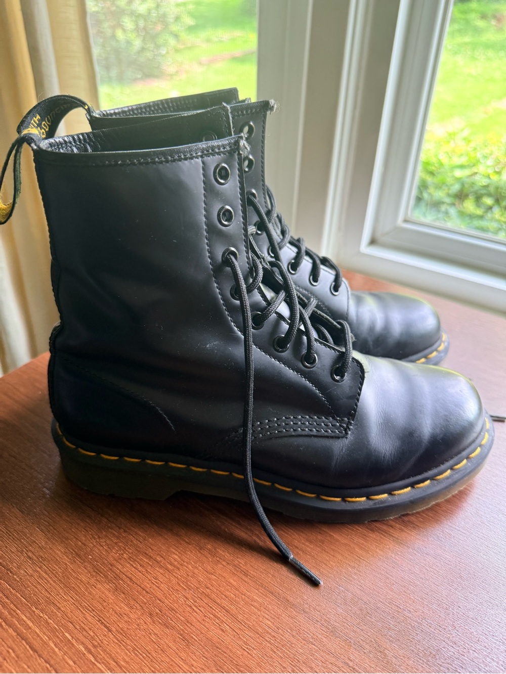 Dr. Martens Black Leather Lace-Up Combat Boots with Yellow Stitching